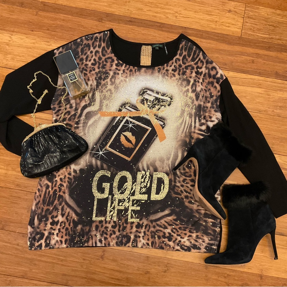 New Without Tags! TRICOTTO Gold & Black Sweater with Sequins, Size XL